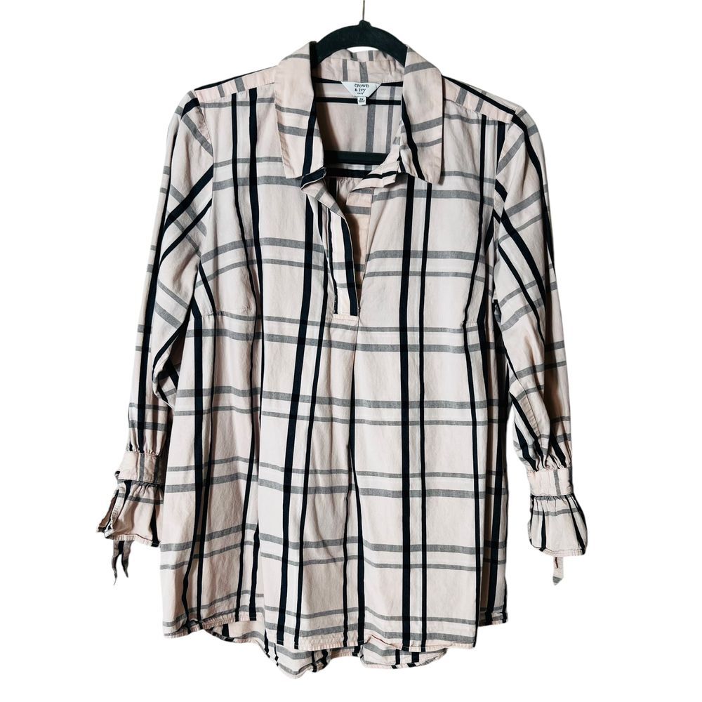 Crown & Ivy Curvy Pink Plaid V Neck Blouse Tie Sleeve Cotton Size 0X Pre-Owned‎